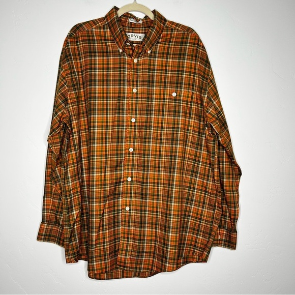 Orvis Orange Green Plaid Button Down Top Size XL Fall Autumn Office Outdoor - Picture 1 of 11